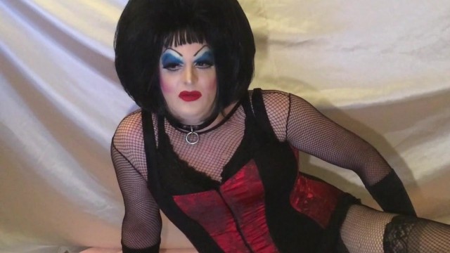 Drag Queen Heavy Makeup Slut Fucks Dildo on ball deep