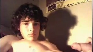 Cute curly hair teen boy strips jerks off and cums