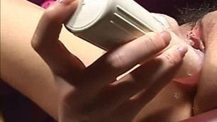 Super horny Japanese AV model uses a vibrator to toy her shaved pussy