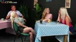 Busty british cfnm dommes sucking dick in blonde group
